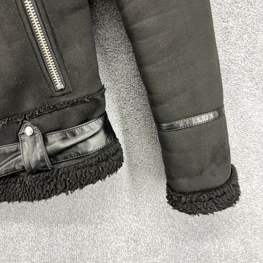 Zara Motorcycle Jacket Women XS Black Black Double Sided Strap Faux Suede Fleece - Picture 9 of 16